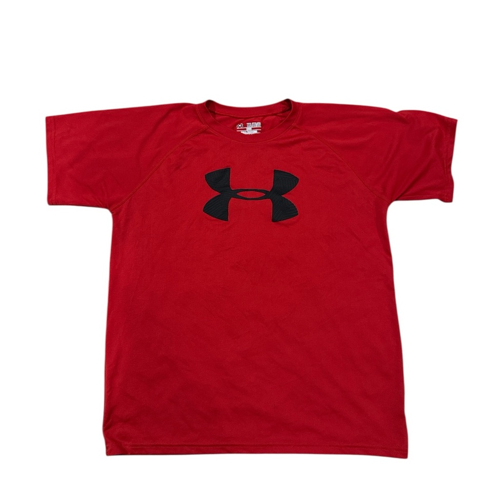 Under Armour Red Tee with Textured Black Emblem Youth XL Heat Gear Loose